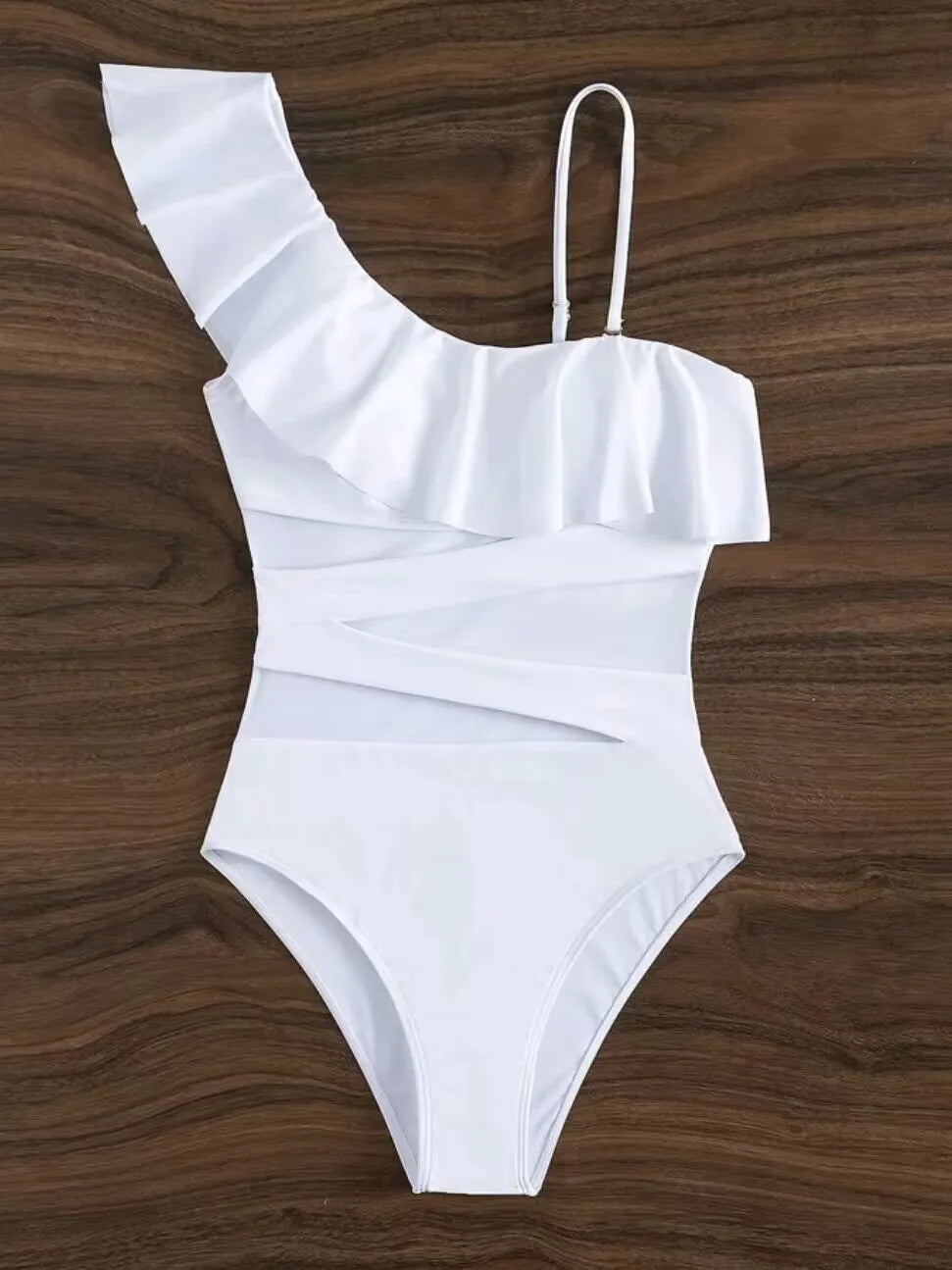 Ruffle Contrast Mesh One Piece Swimwear