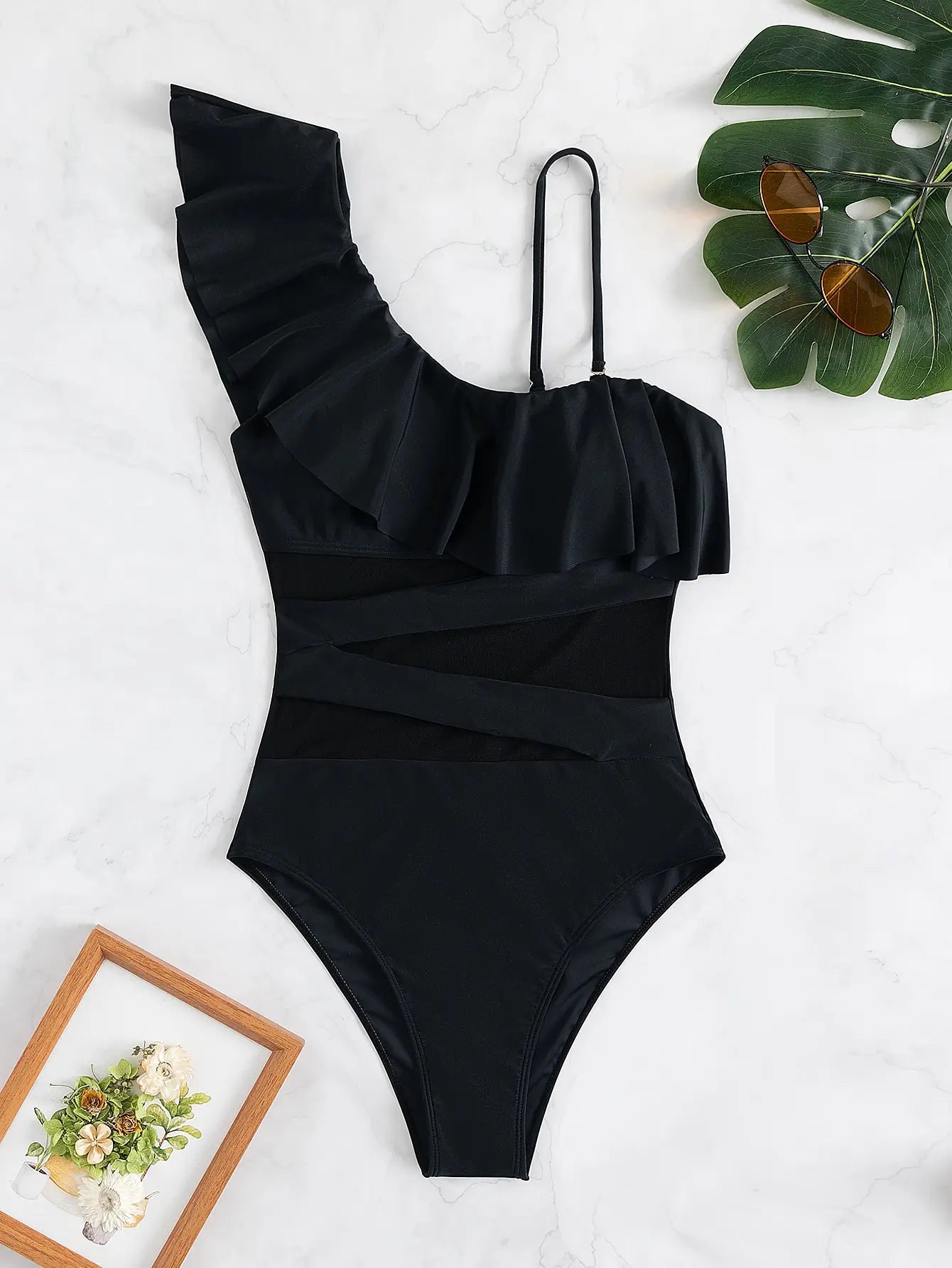 Ruffle Contrast Mesh One Piece Swimwear