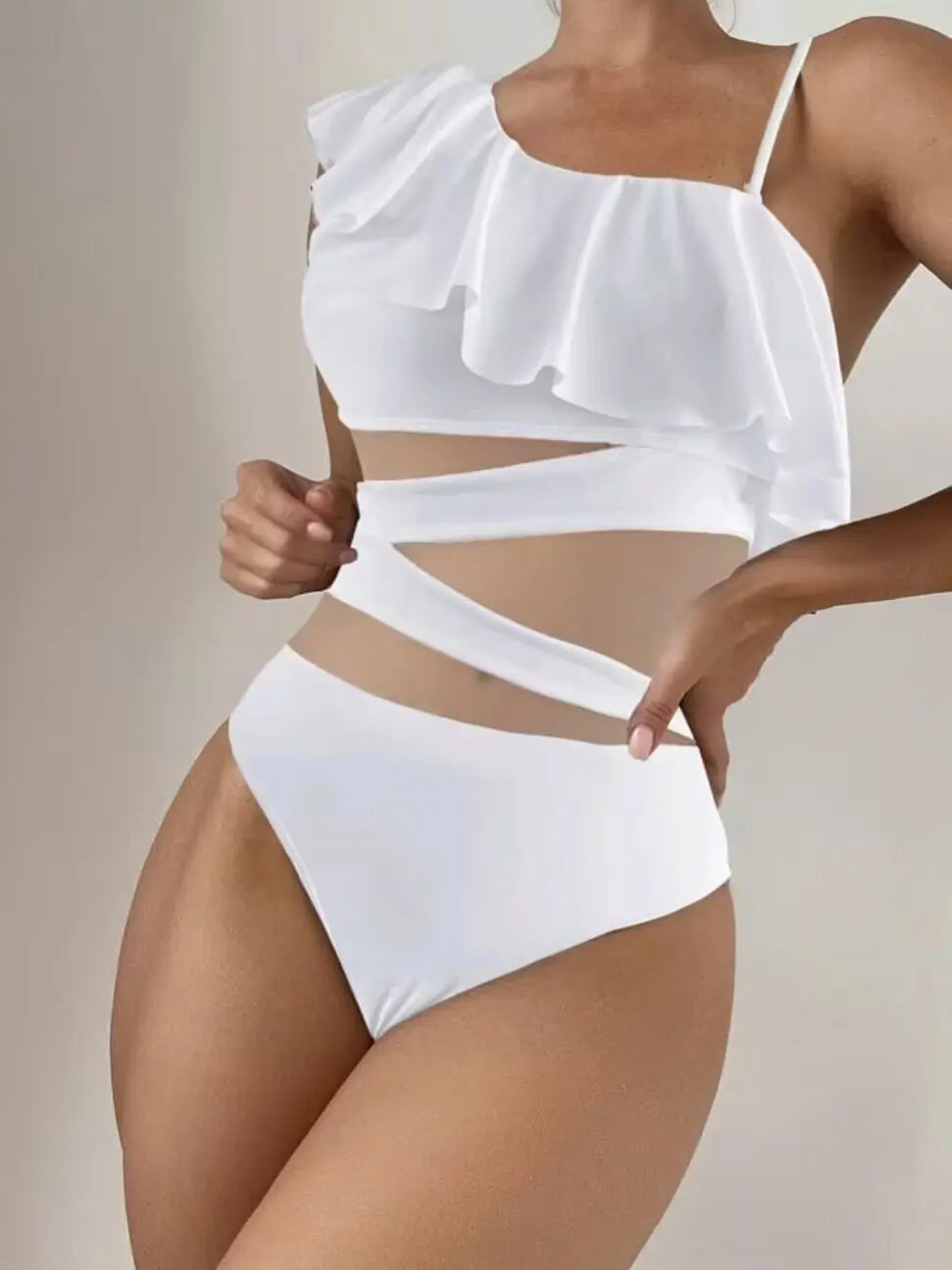 Ruffle Contrast Mesh One Piece Swimwear